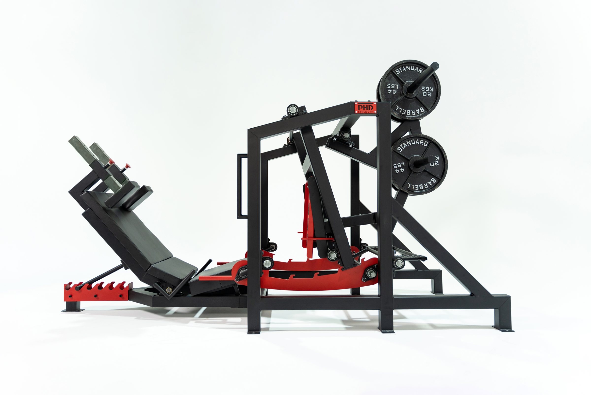 PHD Strength Hip Press, side profile, black steel with red detailing